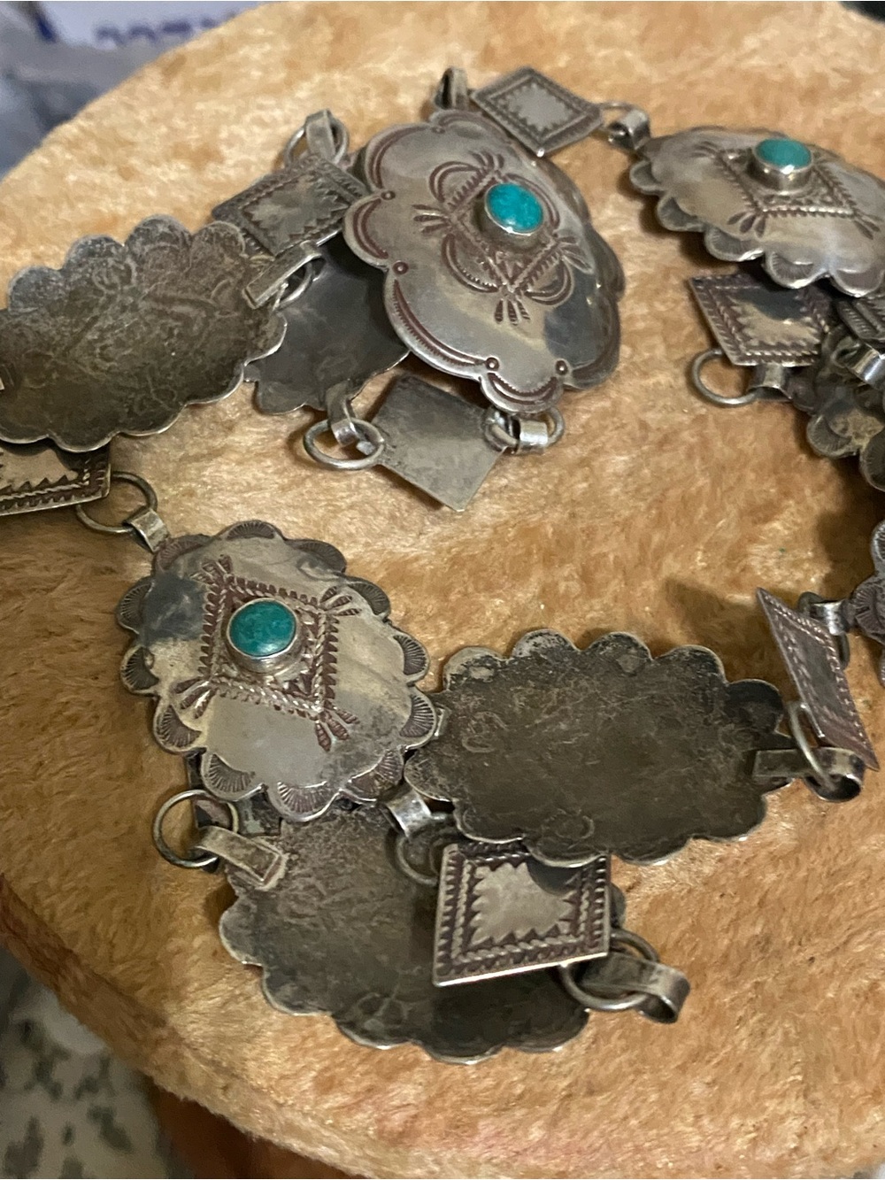 1940s Navajo Unsigned 11 Concho Belt Turquoise Sterling Silver Hand Stamped 28” - Picture 2 of 8